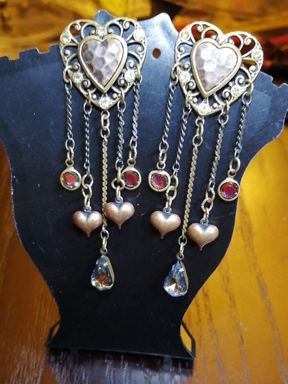 Antique Look Old Gold Hammered Hearts Dangle Earrings with AB crystals Earrings